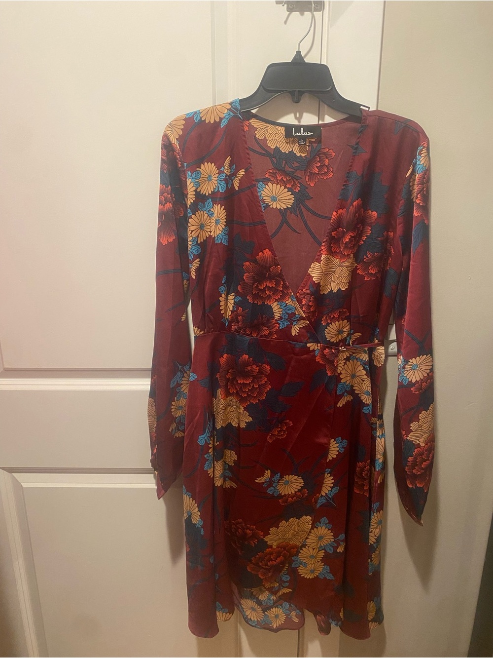 Lulu's Burgundy Floral Wrap Dress with Blue and Gold Blooms
